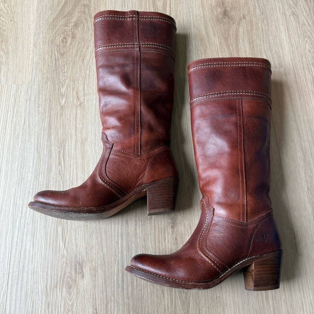 Frye Jane Stitch Leather Boots Campus Heel Sz 7 B - Picture 2 of 7